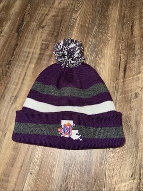 Northwestern State Pom Beanie Hat - White & Purple Accent